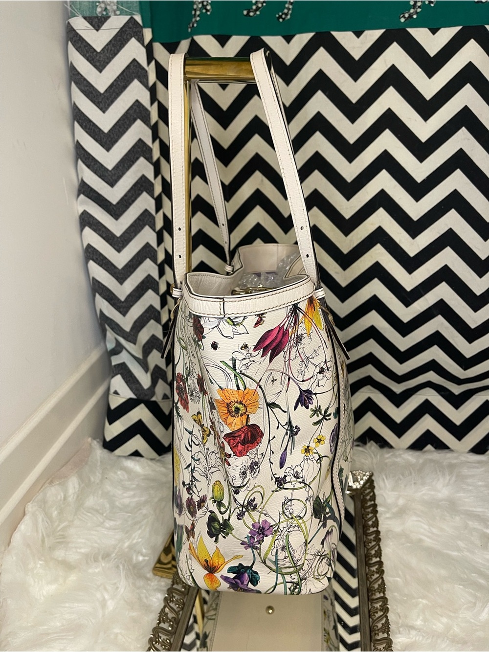 G-VGUC 2013 Gucci Flora Nice Medium Shoulder Tote Bag White Canvas Leather, GHW - Picture 3 of 16